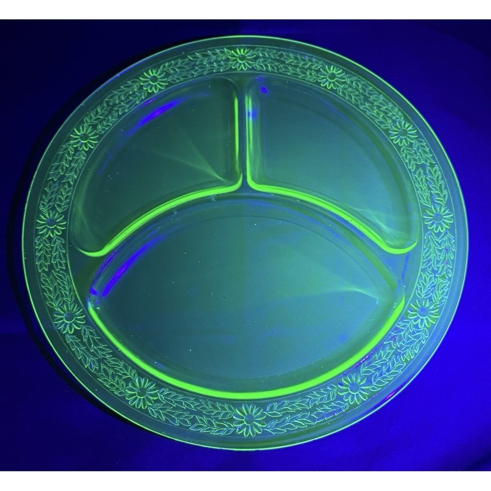 Vintage Uranium Glass Divided Plate 10.5" Green Floral Depression Grill Plate